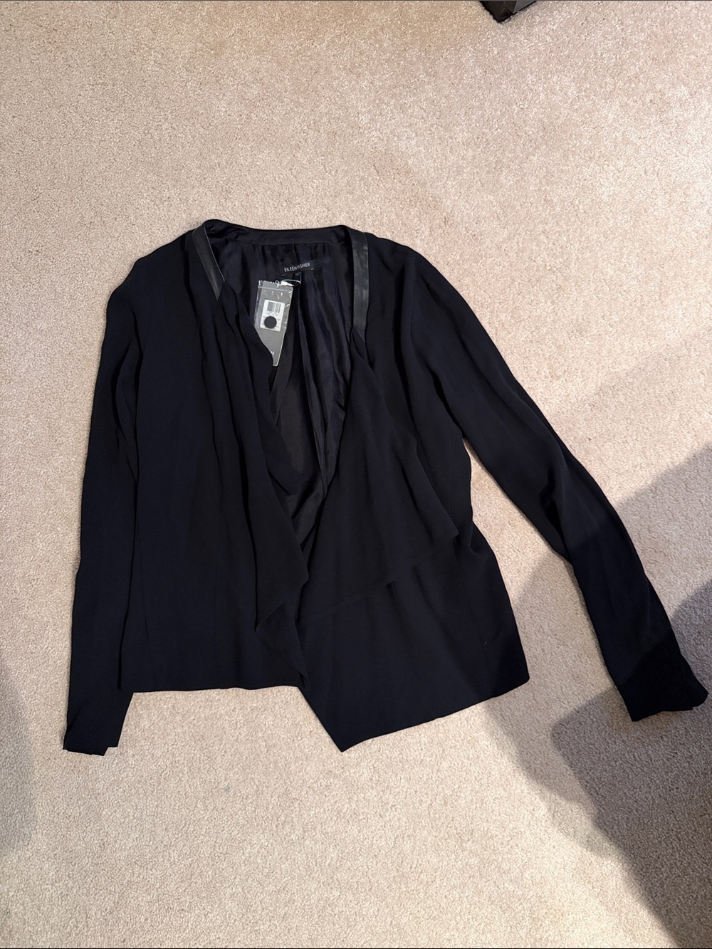 Eileen fisher Black Open-Front Draped Blazer leather trim XS
